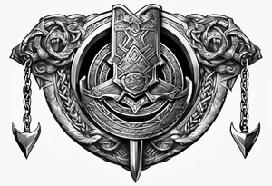 Valhalla sword shield axe Valknut chains tattoo idea