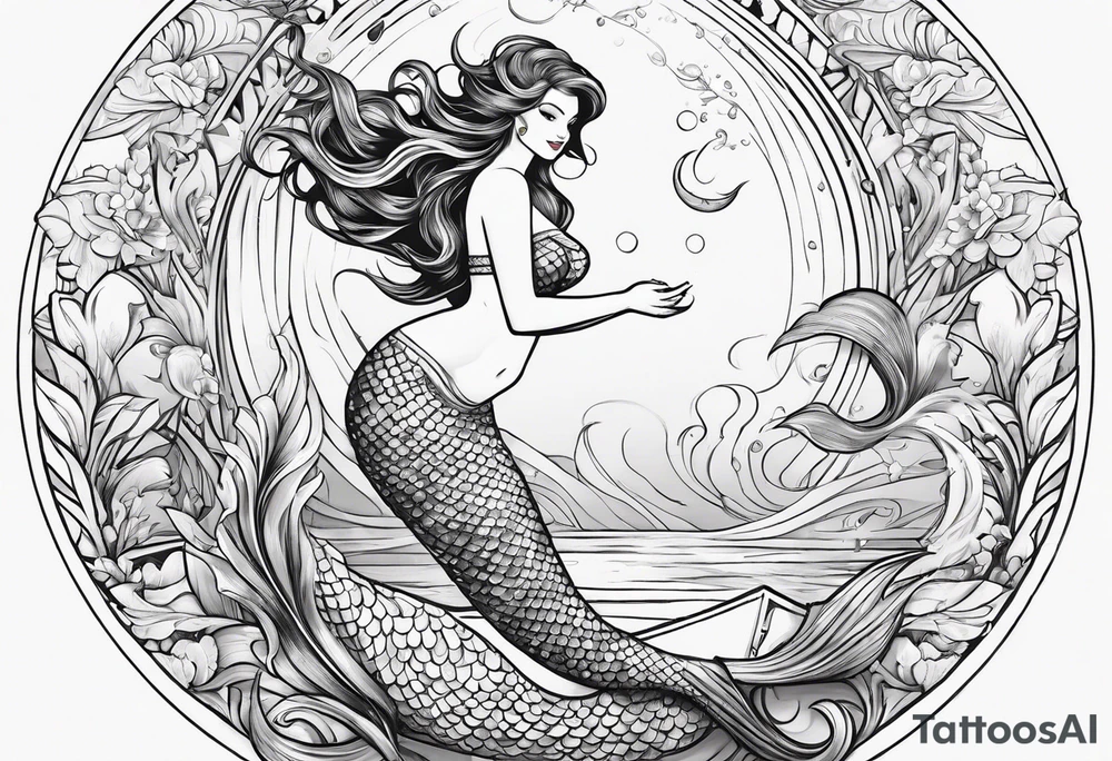 Mermaid full body, curvy, one arm up in the air, smiling tattoo idea