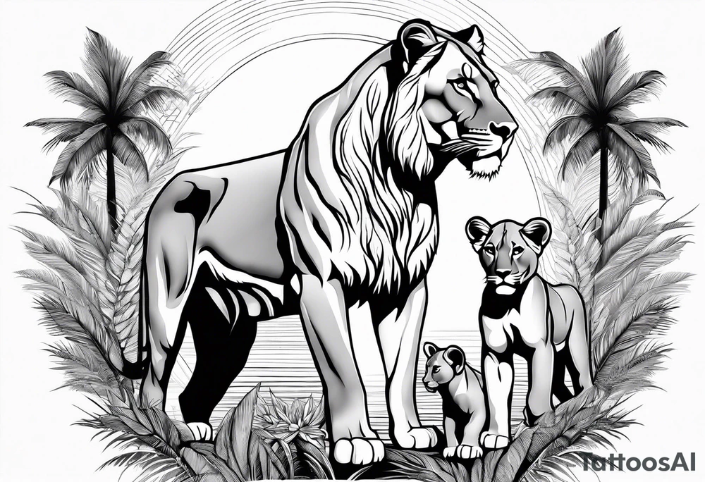 lioness and cub sun palm tree tattoo idea