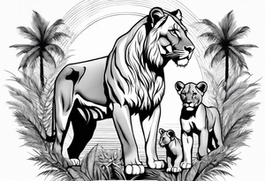 lioness and cub sun palm tree tattoo idea