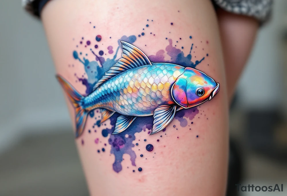Iridescent Koi in Abstract Water – A rainbow-toned koi with shimmering scales, set in an abstract watercolor splash of blues and purples. tattoo idea