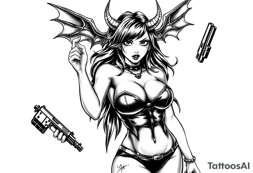 succubus, slut, holding gun, black, leather bikini, angry tattoo idea