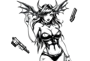 succubus, slut, holding gun, black, leather bikini, angry tattoo idea