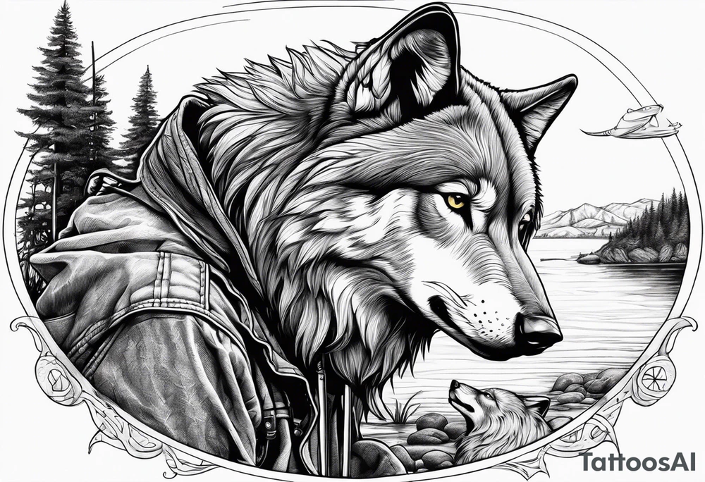 a wolf with a fisherman on a bank tattoo idea