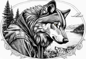 a wolf with a fisherman on a bank tattoo idea