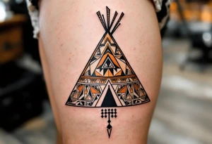 A brown and beige tipi with geometric tribal patterns along the canvas. tattoo idea