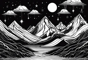 A world that is upside down including Mountains and a moon that drips down tattoo idea
