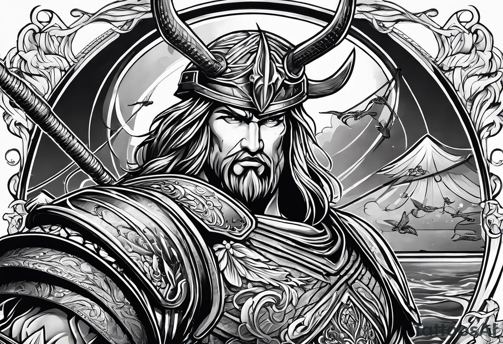 ares figure, angel, fishing rod, floorball ball tattoo idea