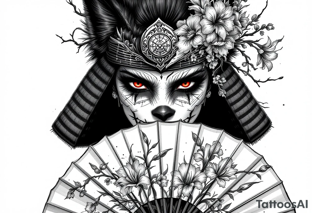 Woman samurai with red eyes wearing an half and broken kitsune mask, holding a japanese fan with Iris flowers tattoo idea
