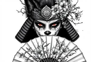 Woman samurai with red eyes wearing an half and broken kitsune mask, holding a japanese fan with Iris flowers tattoo idea