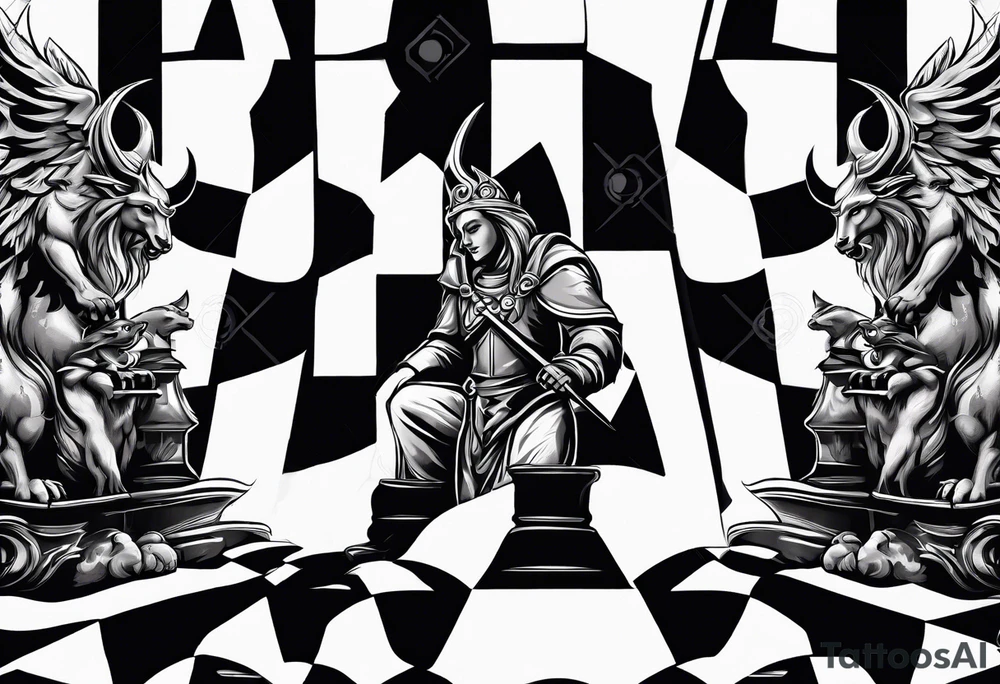 Design featuring a chessboard with angelic and demonic chess pieces engaged in a strategic game, symbolizing the eternal battle between opposing forces. tattoo idea