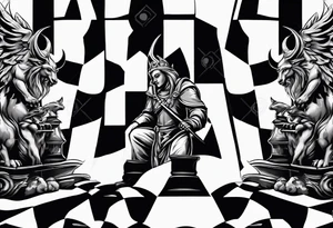Design featuring a chessboard with angelic and demonic chess pieces engaged in a strategic game, symbolizing the eternal battle between opposing forces. tattoo idea