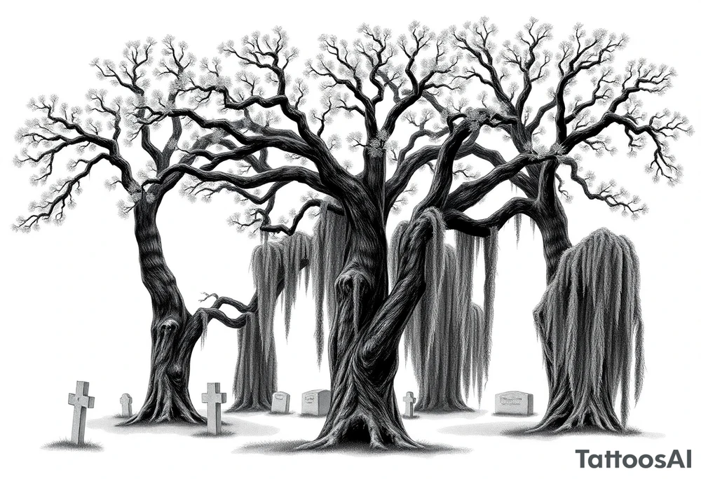 Laurel oaks with Spanish moss in a cemetery tattoo idea