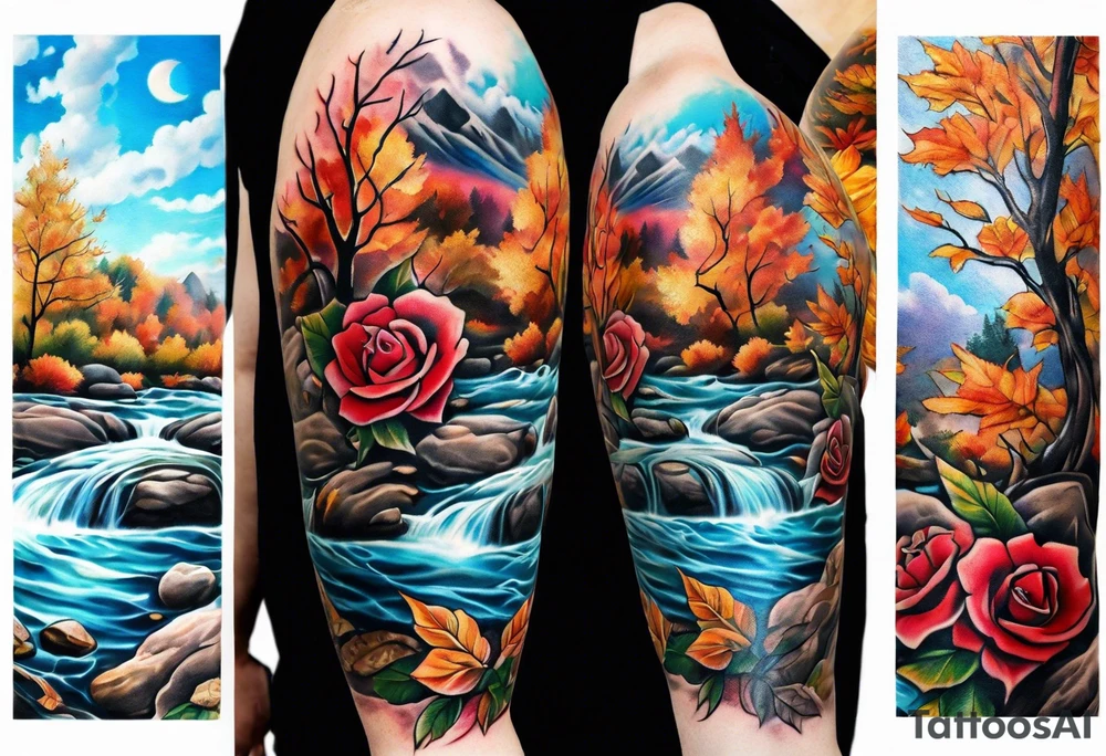 sleeve tattoo in fall colors, showing water flow around rocks, sky, clouds, leaves, roses and no trees tattoo idea