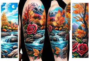 sleeve tattoo in fall colors, showing water flow around rocks, sky, clouds, leaves, roses and no trees tattoo idea