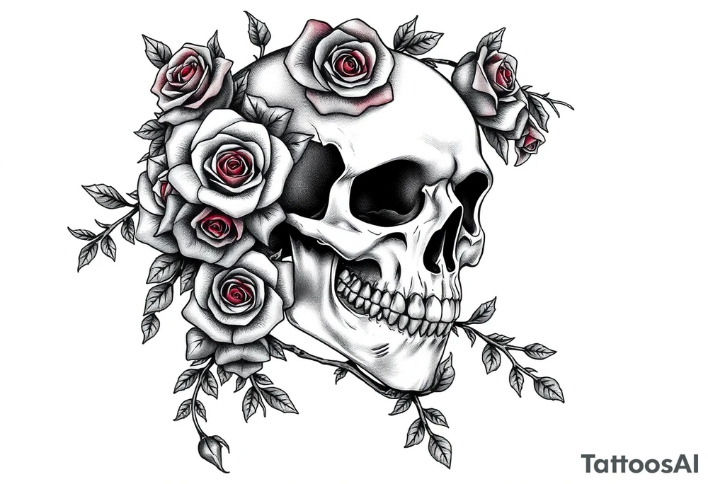 gothic skull intertwined with climbing roses and thorny vines tattoo idea