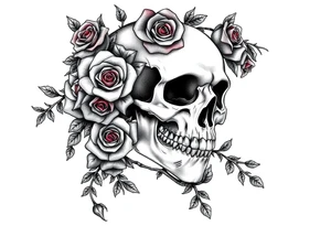 gothic skull intertwined with climbing roses and thorny vines tattoo idea