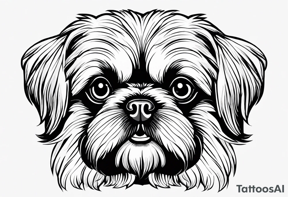 The most minimalist drawing of a pekingese with shih tzu dog's face. He has big eyes and a crooked smile. tattoo idea