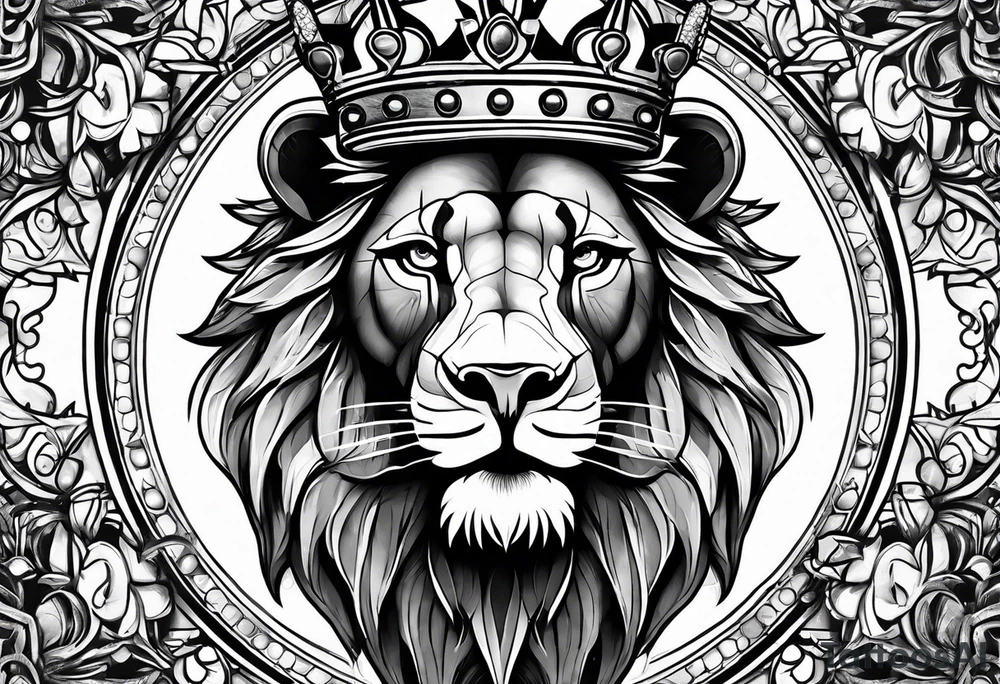 lion with a crown and sparkling eyes on the chest tattoo idea