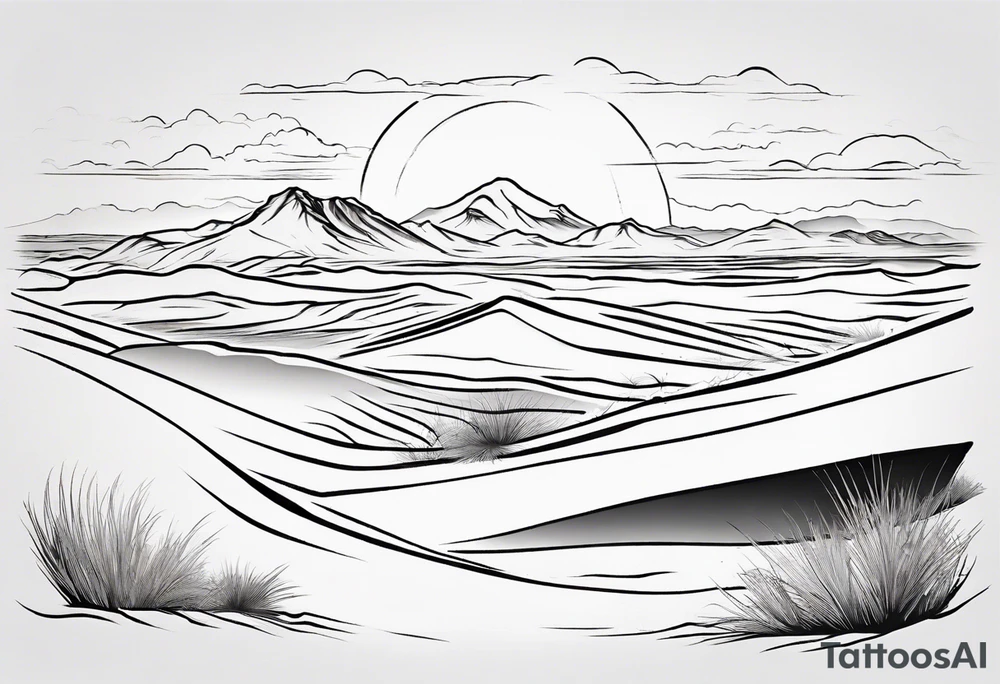 "Design a tattoo depicting a distant view of a vast desert landscape with low, undulating sand dunes. tattoo idea