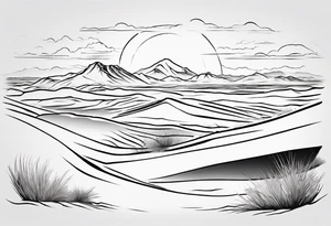 "Design a tattoo depicting a distant view of a vast desert landscape with low, undulating sand dunes. tattoo idea