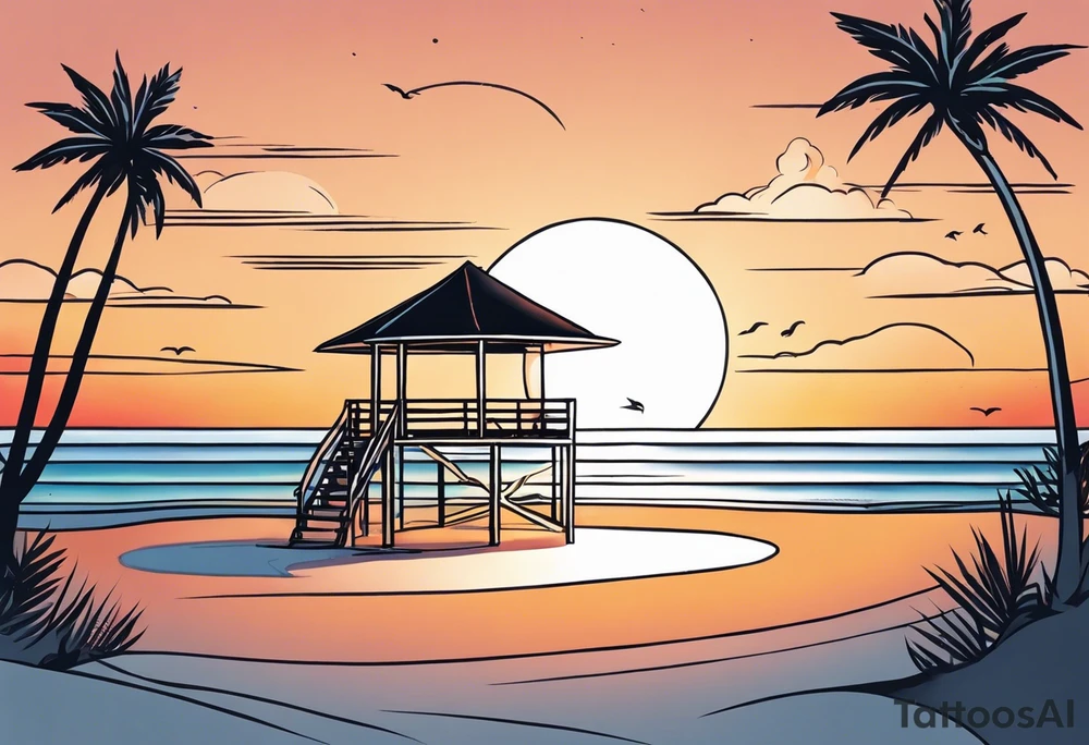 negative space linework cabana on a beach at sunset tattoo idea