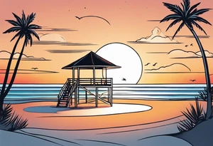 negative space linework cabana on a beach at sunset tattoo idea