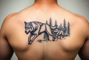 two wolves, an adult and a cub, running into a forest tattoo idea