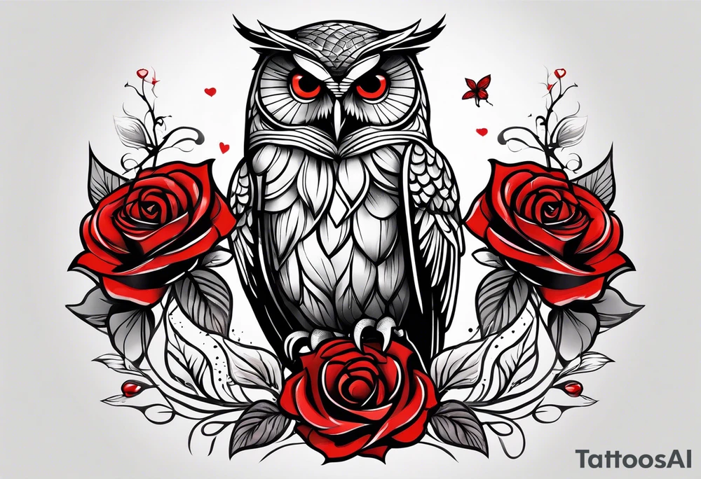 Color owl. 
Three red roses 
On the forearm tattoo idea