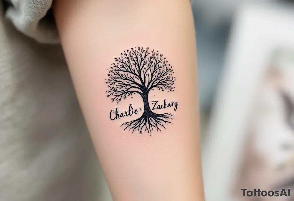 Create a delicate tattoo design that seamlessly integrates the names "Charlie" and "Zackary" in graceful, flowing cursive. Enclose the names within a softly stylized symbol that embodies strength and unity, such as a gentle tree of life, an elegant mandala, or a subtle shield motif. The overall design should evoke warmth and protection while remaining refined and understated—ideal for a small, discreet placement like the wrist or inner forearm. tattoo idea