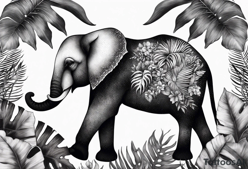 “A majestic elephant with its trunk raised, surrounded by tropical foliage, symbolizing memory and strength tattoo idea