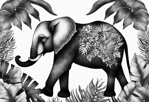 “A majestic elephant with its trunk raised, surrounded by tropical foliage, symbolizing memory and strength tattoo idea