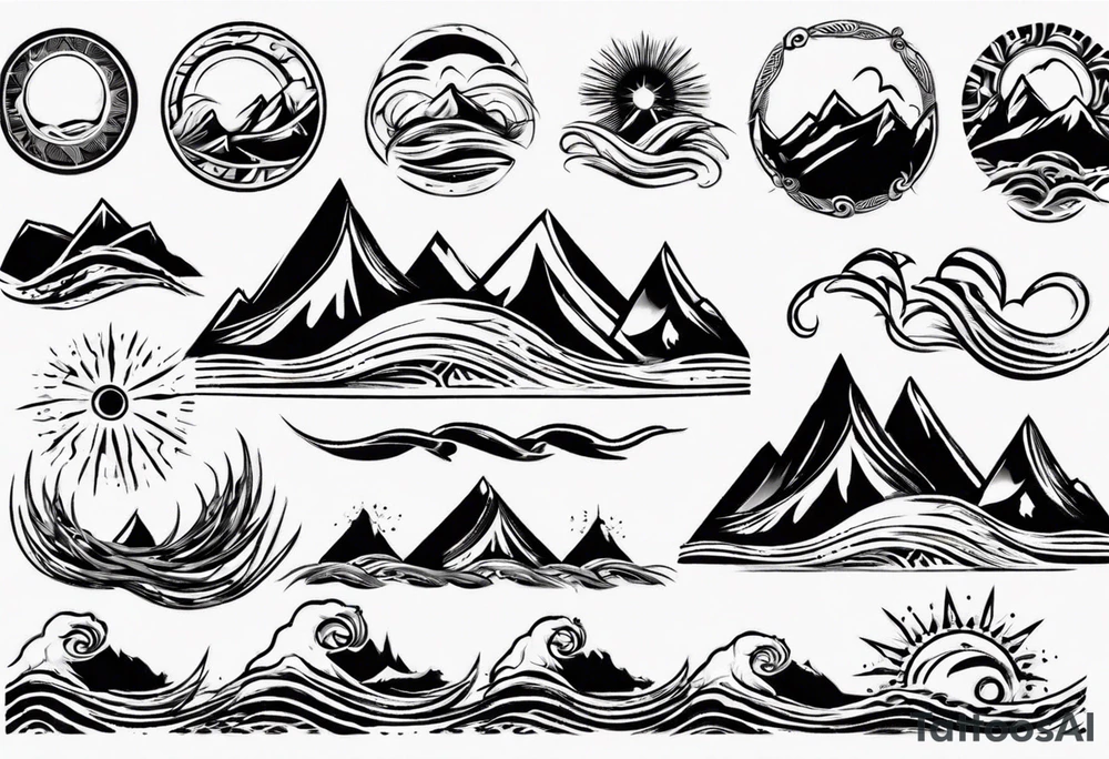 mountain with waves and sun tattoo idea