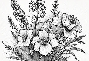 Small, simple sketched bouquet of larkspur, with one stemmed carnation tattoo idea