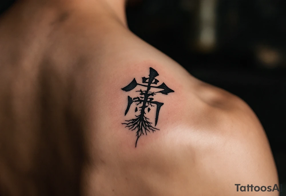 家 (jiā, “family”) in earthy brown is placed near a tree symbol for roots and legacy. tattoo idea