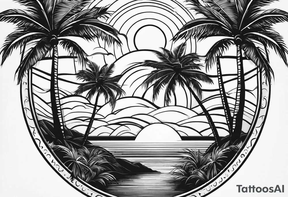 palm tree front of a sun and waves, not too fancy tattoo idea