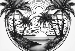 palm tree front of a sun and waves, not too fancy tattoo idea