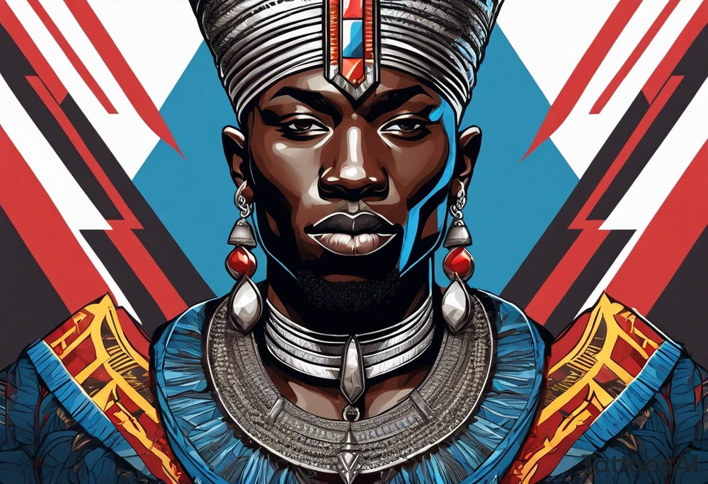 Black-skinned bald african warrior. He wears a simple and small silver crown. He uses blue and red necklaces tattoo idea