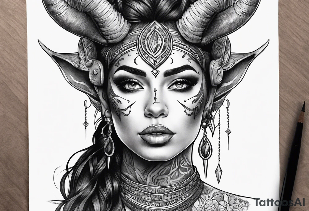 Horned dark realism beautiful woman looking
face forward tattoo idea
