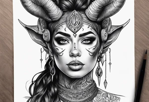 Horned dark realism beautiful woman looking 
face forward tattoo idea