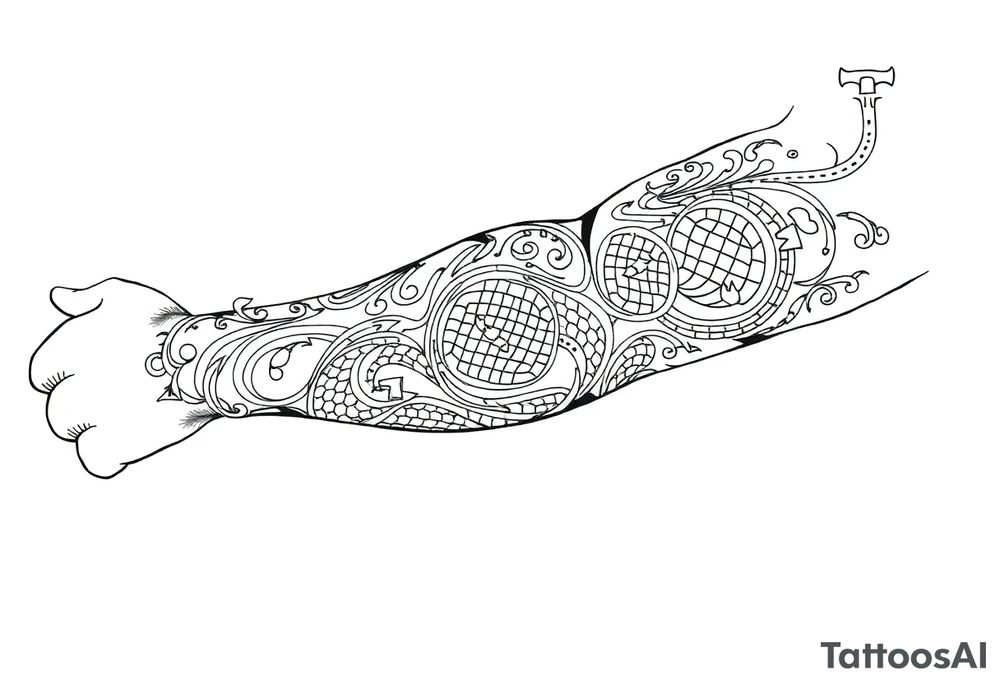 Sicilian Forearm tribal sleeve with patterns and symbols with snake scales tattoo idea