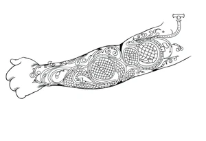 Sicilian Forearm tribal sleeve with patterns and symbols with snake scales tattoo idea