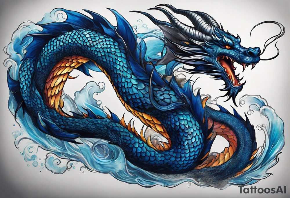 An epic floating dragon. Its long body coiling dynamically, with scales and horns detailed to create a sense of movement and strength. The dragon's main color is midnight blue, giving a vibrant depth and a mystical aura. This tattoo highlights the dragon’s fierce expression and sharp claws. tattoo idea