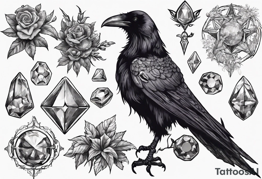 Demon Raven surrounded gems poisonous plants and astrology. tattoo idea