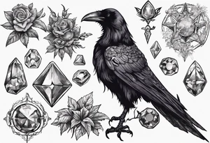 Demon Raven surrounded gems poisonous plants and astrology. tattoo idea