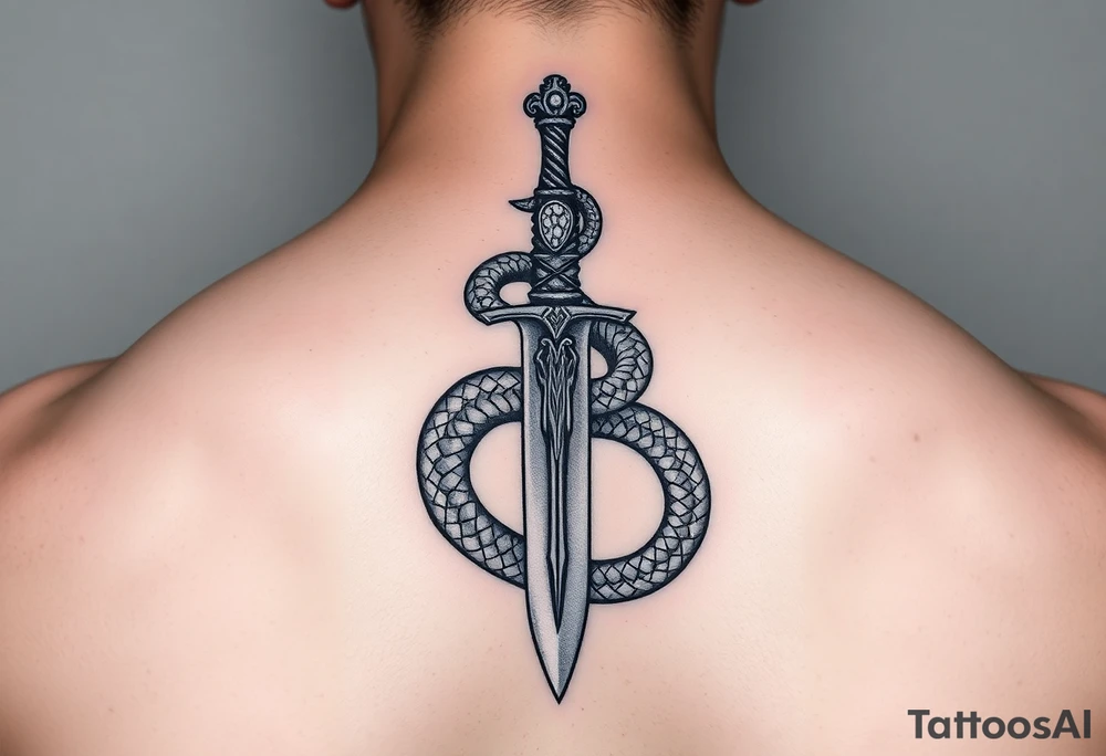 mystical snake coiled around an ancient dagger with jeweled hilt tattoo idea
