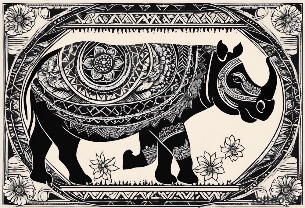 A foot long 2.5inches wide portrait orientation tattoo, containing a detailed hippo head with tribal patterns in the middle, a full moon on the upper side, and some wintersweet flowwer on the bottom side, these three components are connected with arches, lines, little geometric patterns, the lines will ne fine and narrow tattoo idea