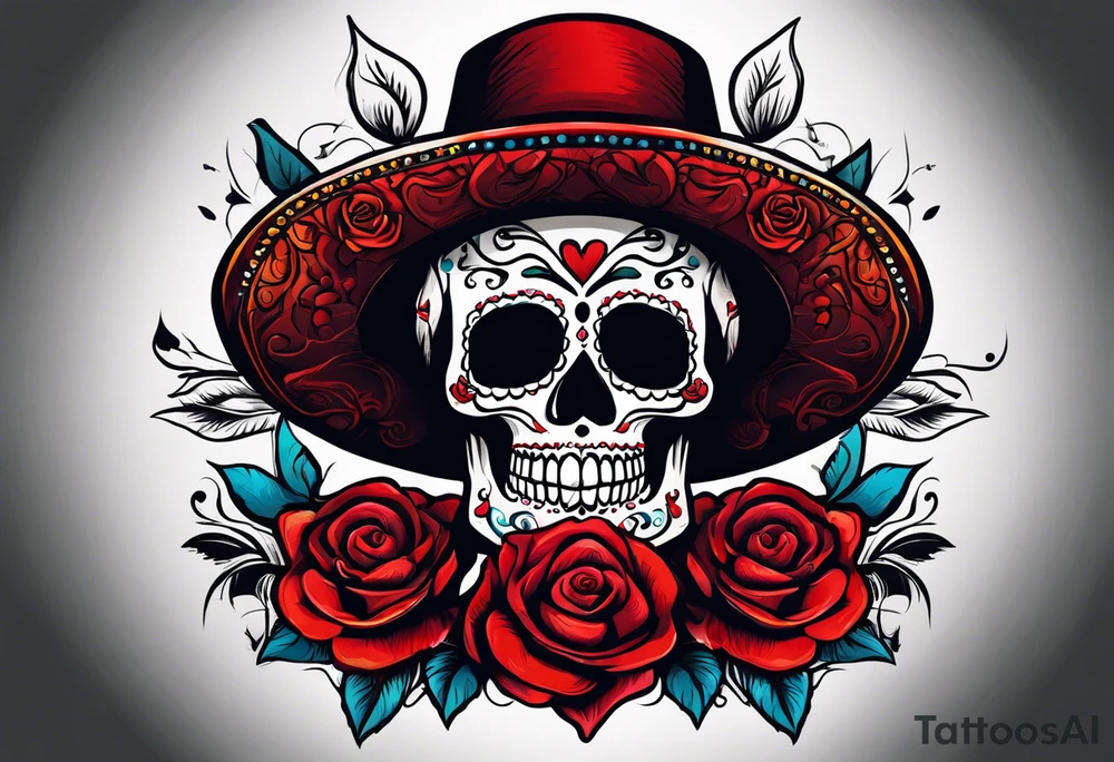 day of dead, red rose, Mexican hat, tattoo idea