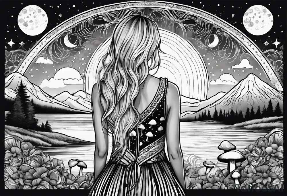 Straight blonde hair girl facing away toward mountains surrounded by mushrooms crescent moon mandala circular design black and white striped dress tattoo idea