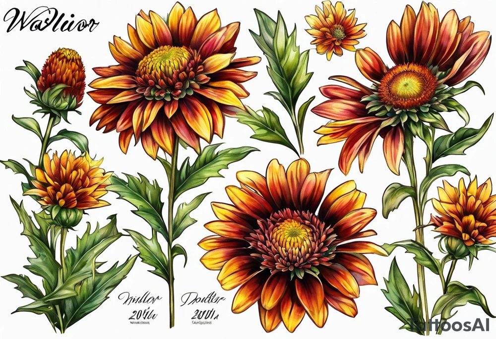 Indian blanket flower with the name Valor in the stem tattoo idea